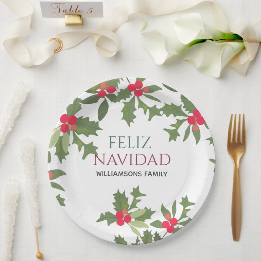 Assiettes En Carton Feliz Navidad Red Holly Berries (Mariage)