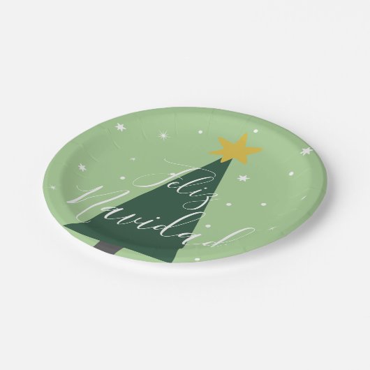 Assiettes En Carton Feliz Navidad vacances arbre vert neige et étoiles (Angle)