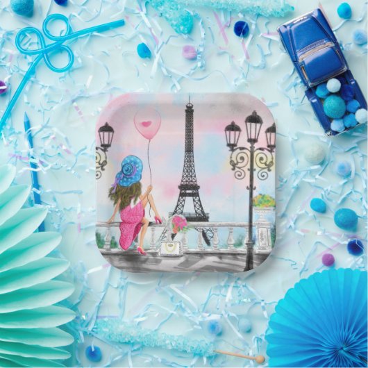 Assiettes En Carton Femme avec ballon à Paris Plaques en papier romant (Fête)