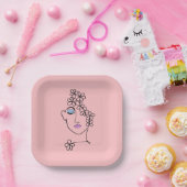 Assiettes En Carton Femme Avec Fleurs Ligne Art Rose (Fête)