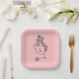 Assiettes En Carton Femme Avec Fleurs Ligne Art Rose