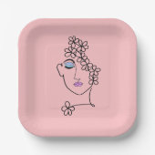 Assiettes En Carton Femme Avec Fleurs Ligne Art Rose (Recto)