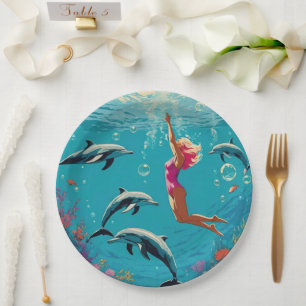 Assiettes En Carton Femme nageant sous l'eau avec des dauphins