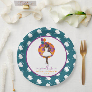Assiettes En Carton Femme noire, Ballons d'anniversaire & Fleurs Turqu