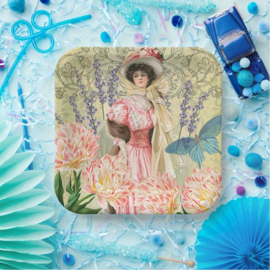 Assiettes En Carton Femme victorienne florale rose Régence (Fête)
