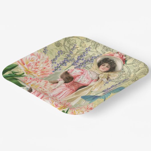 Assiettes En Carton Femme victorienne florale rose Régence (Angulaire)