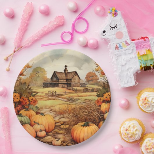 Assiettes En Carton Ferme citrouille automne récolte Thanksgiving (Fête)