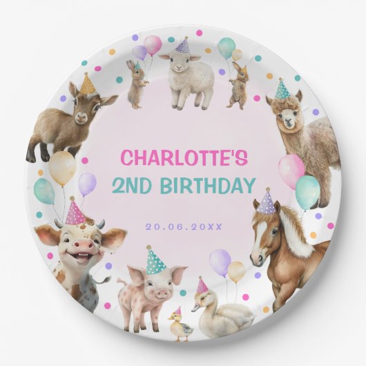 Assiettes En Carton Ferme Fille Barnyard Animaux Confetti Anniversaire (Devant)