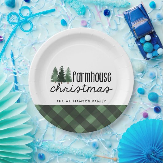 Assiettes En Carton Ferme Noël Plaid Nom de famille Plaque en papier (Fête)