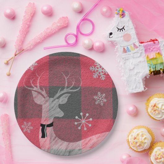 Assiettes En Carton Ferme Rouge et Buffalo gris Plaid Deer Snowflake (Fête)