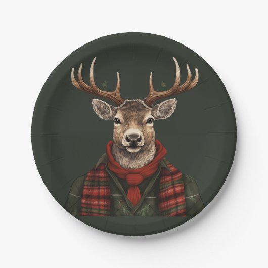 Assiettes En Carton Ferme Rustique Plaid Deer Et Vert (Devant)