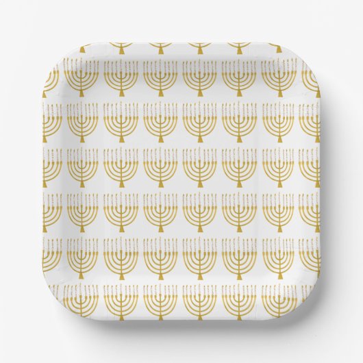 Assiettes En Carton Festif Menorah Hanoukka bougies Motif blanc (Recto)