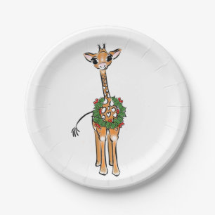 Assiettes En Carton Festif mignon Giraffe rouge vert vert couronne