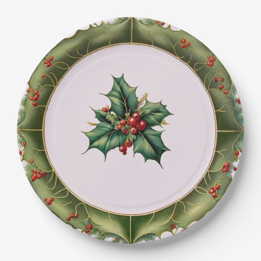 Assiettes En Carton Festif Noël Olive Green Holly (Devant)