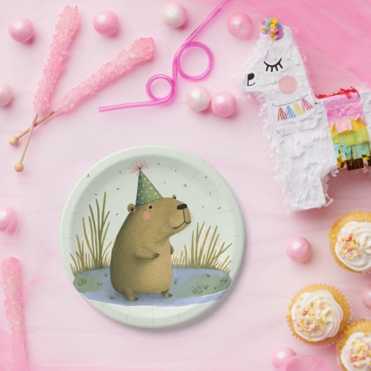 Assiettes En Carton Festive Capybara Plaques papier Casquette d'annive (Fête)