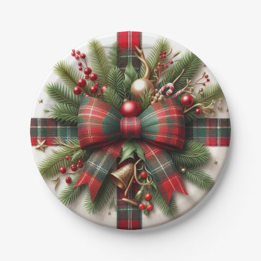 Assiettes En Carton Festive Christmas Red Tartan Bow & Pine (Devant)