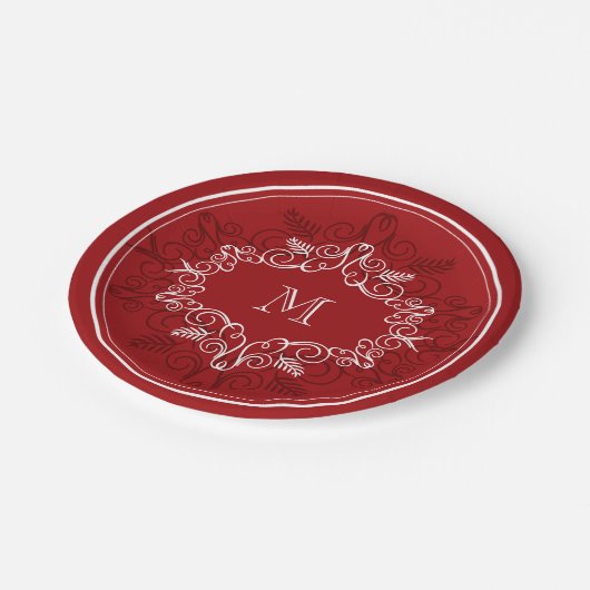 Assiettes En Carton Festive Foliage Rouge Déco Cadre Monogramme Vacanc (Angle)