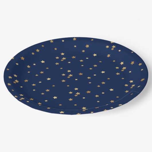 Assiettes En Carton Festive Holiday Blue & Glittery Gold Stars (Angle)