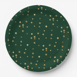 Assiettes En Carton Festive Holiday Green & Glittery Gold Stars