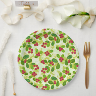 Assiettes En Carton Festive Motif de fruits de canneberge, vert