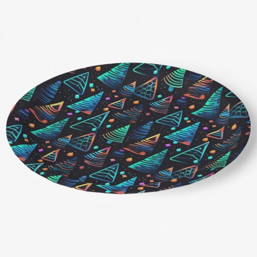 Assiettes En Carton Festive Neon noir Bleu Arbres de Noël Motif (Angle)