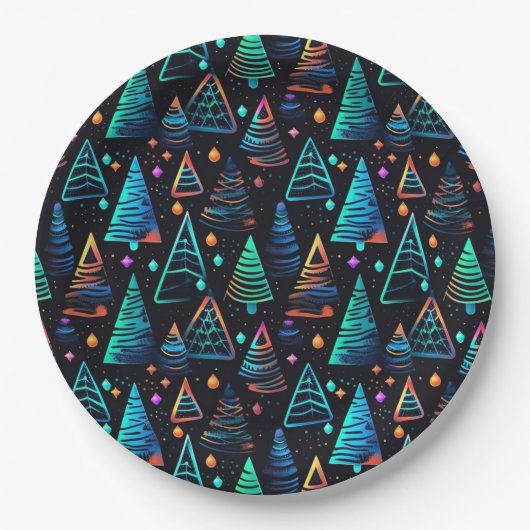 Assiettes En Carton Festive Neon noir Bleu Arbres de Noël Motif (Devant)
