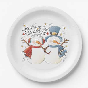 Assiettes En Carton Festive Noël bonjour de neige couple