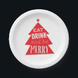 Assiettes En Carton Festive Red Christmas Tree Party<br><div class="desc">Un arbre de Noël rouge gai et amusant répand un message de joie des fêtes avec le message "manger,  boire et être joyeux" dans une typographie amusante et insouciante. Utilisez ces assiettes en papier blanc pour vos dîners de vacances ou une fête de saison.</div>