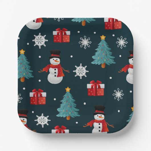 Assiettes En Carton Festive Snowmen Christmas Trees Holiday Gift Sqr (Recto)