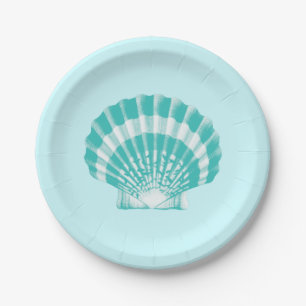 Assiettes En Carton Feston Shell - aqua mol et blanc