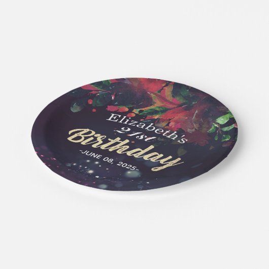 Assiettes En Carton Fête Anniversaire Rouge Floral Gold Script Purple (Angle)