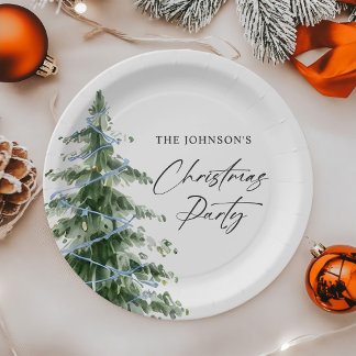 Assiettes En Carton Fête au sapin de Noël bleu à l'aquarelle