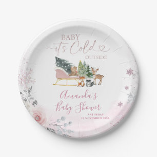 Assiettes En Carton Fête bébé sleigh flocon de neige rose pastel hiver