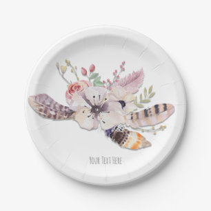 Assiettes En Carton Fête Bohème Chic Florale et Plumes Rustique