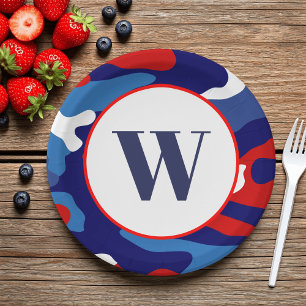 Assiettes En Carton Fête Camo Rouge Blanc et Bleu Patriotique
