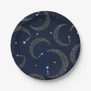 Assiettes En Carton Fête céleste Lune Bleue Mystique et Filigrane Doré
