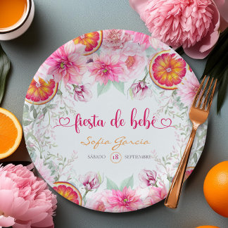 Assiettes En Carton Fête Citron et Fleurs Roses Baby Shower Espagnol