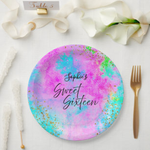 Assiettes En Carton Fête Colorée Néon Aquarelle Sweet Sixteen