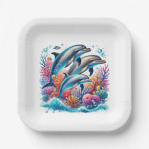 Assiettes En Carton Fête d'amoureux de dauphins mignons