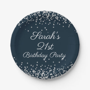 Assiettes En Carton Fête d'anniversaire 21 ans Navy Blue Silver Glitte