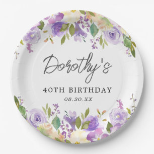 Assiettes En Carton Fête d'anniversaire 40 ans Fleurs de rose violette