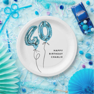 Assiettes En Carton Fête d'anniversaire 40 ans Minimal Blue 40 Ballon
