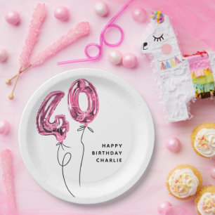 Assiettes En Carton Fête d'anniversaire 40 ans Minimal Rose 40 Ballons