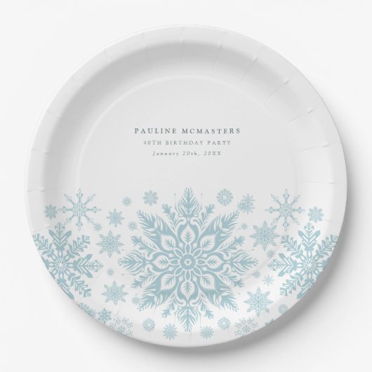Assiettes En Carton Fête d'anniversaire 40e Blue White Snowflake Custo (Devant)