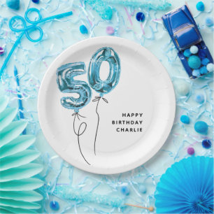 Assiettes En Carton Fête d'anniversaire 50 ans Minimal Blue 50 Ballon