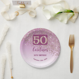 Assiettes En Carton Fête d'anniversaire 50 ans Paillettes Rose Or