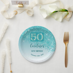 Assiettes En Carton Fête d'anniversaire 50 ans Paillettes Turquoise Bl