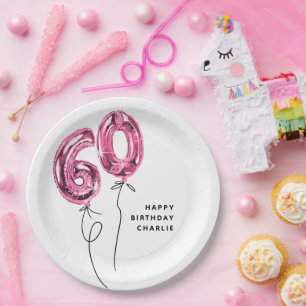 Assiettes En Carton Fête d'anniversaire 60 ans Minimal Rose Ballon 60