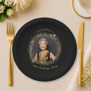 Assiettes En Carton Fête d'anniversaire 70 ans paillettes noir or