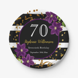 Assiettes En Carton Fête d'anniversaire 70 ans Paillettes noires et d